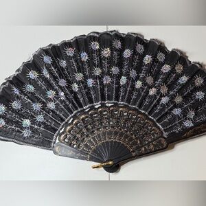 Elegant Black & Aurora Borealis Floral Hand Fan set of 2 plus bonus craft one